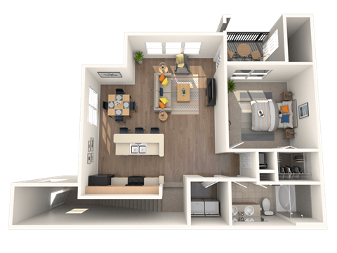 A 3D rendered image of a modern apartment layout.